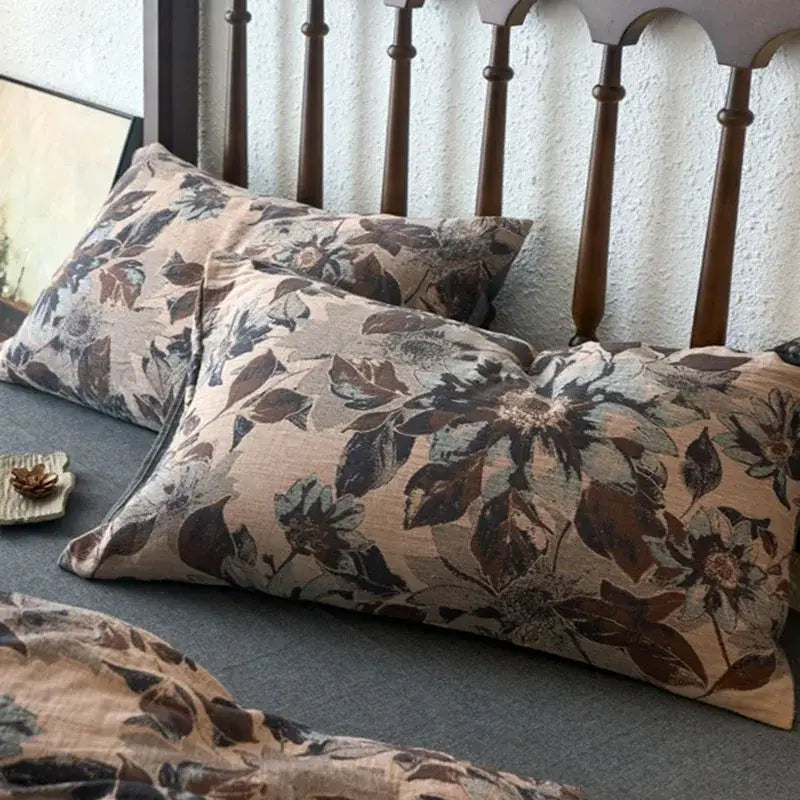Floral beige & brown jacquard duvet cover set bedroom cotton bedding