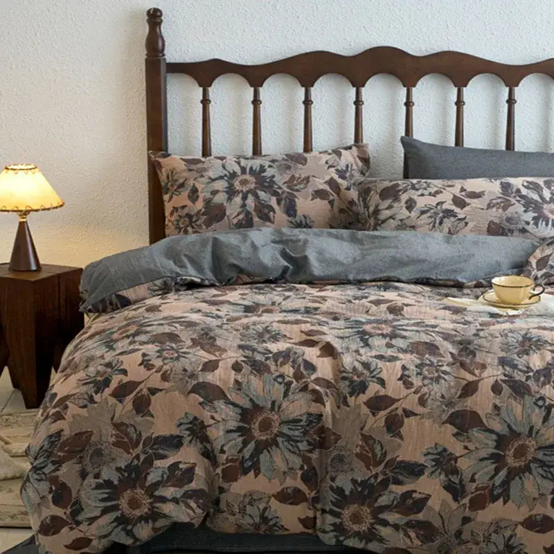 Floral beige & brown jacquard duvet cover set bedroom cotton bedding