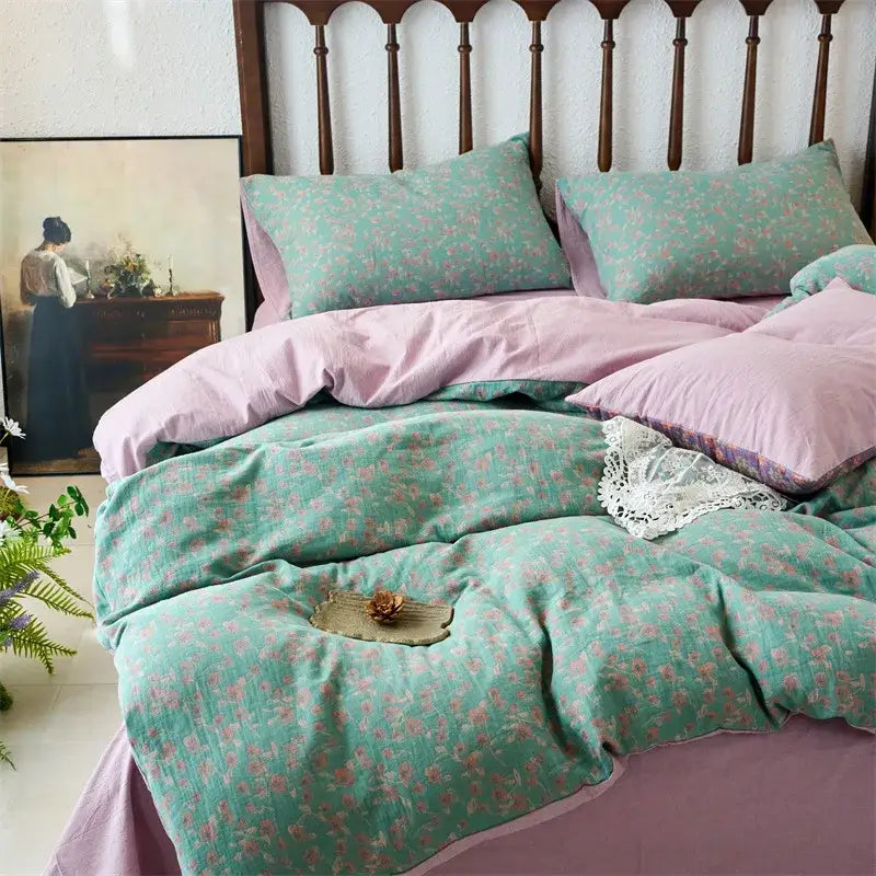 Floral beige & brown jacquard duvet cover set bedroom cotton bedding