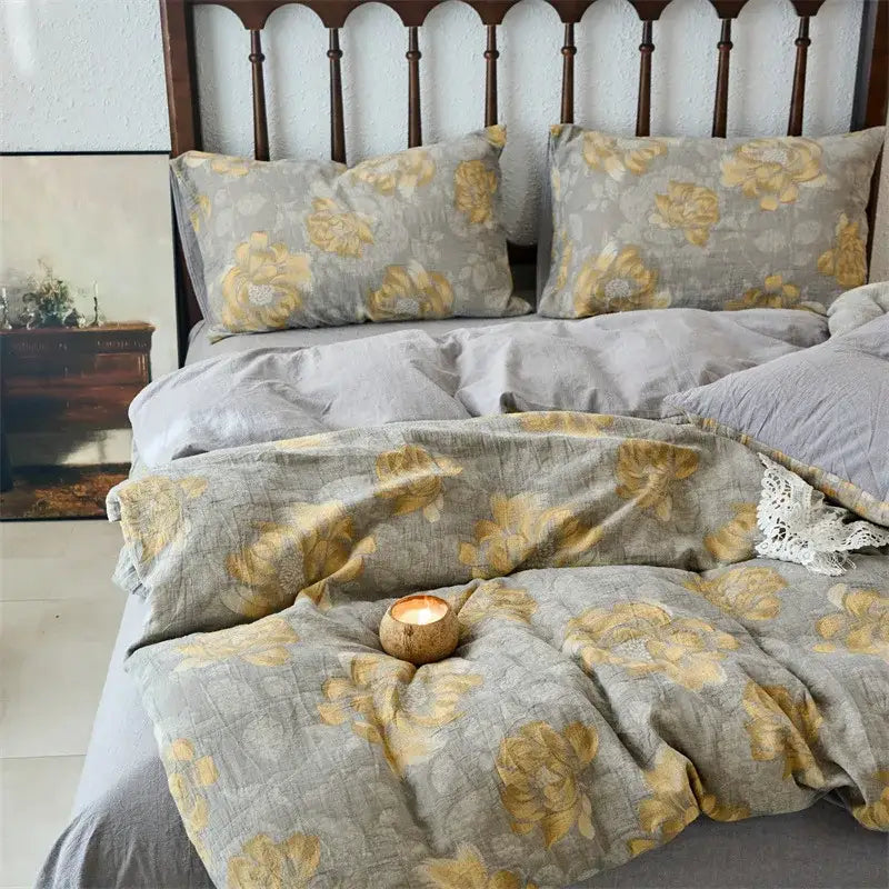 Floral beige & brown jacquard duvet cover set bedroom cotton bedding