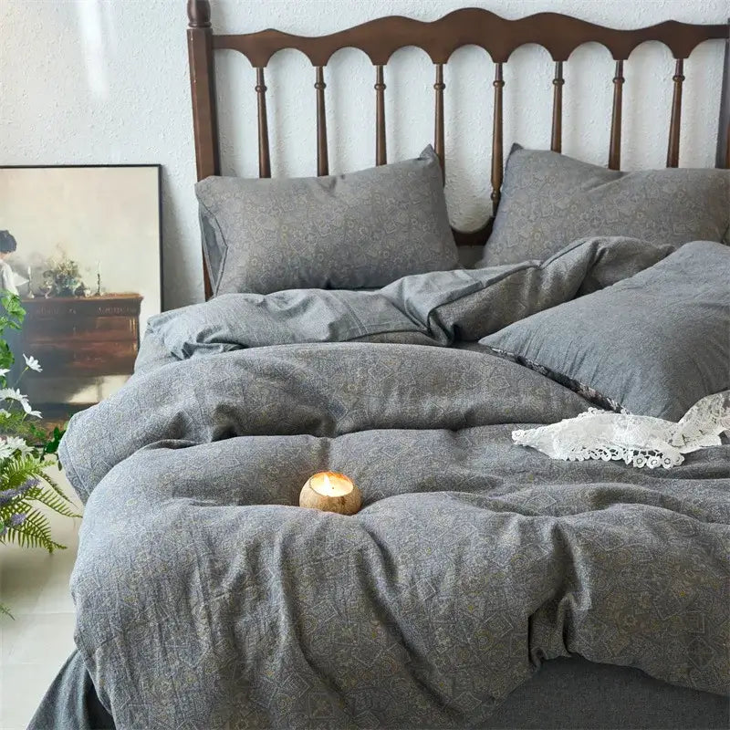 Floral beige & brown jacquard duvet cover set bedroom cotton bedding