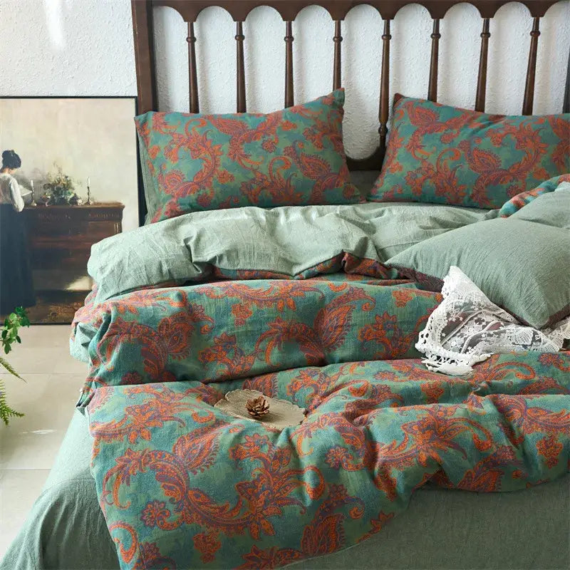 Floral beige & brown jacquard duvet cover set bedroom cotton bedding