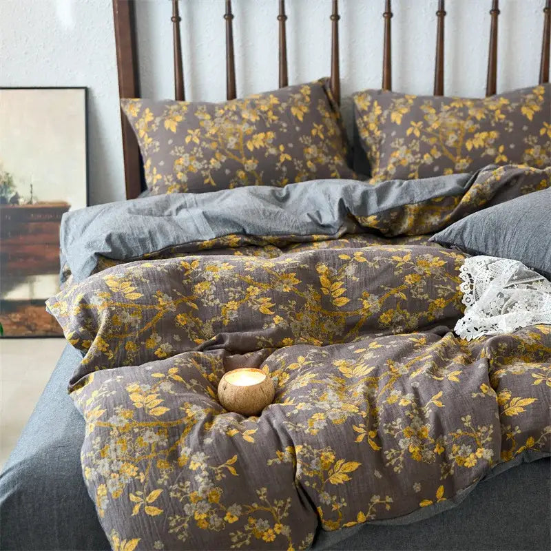 Floral beige & brown jacquard duvet cover set bedroom cotton bedding