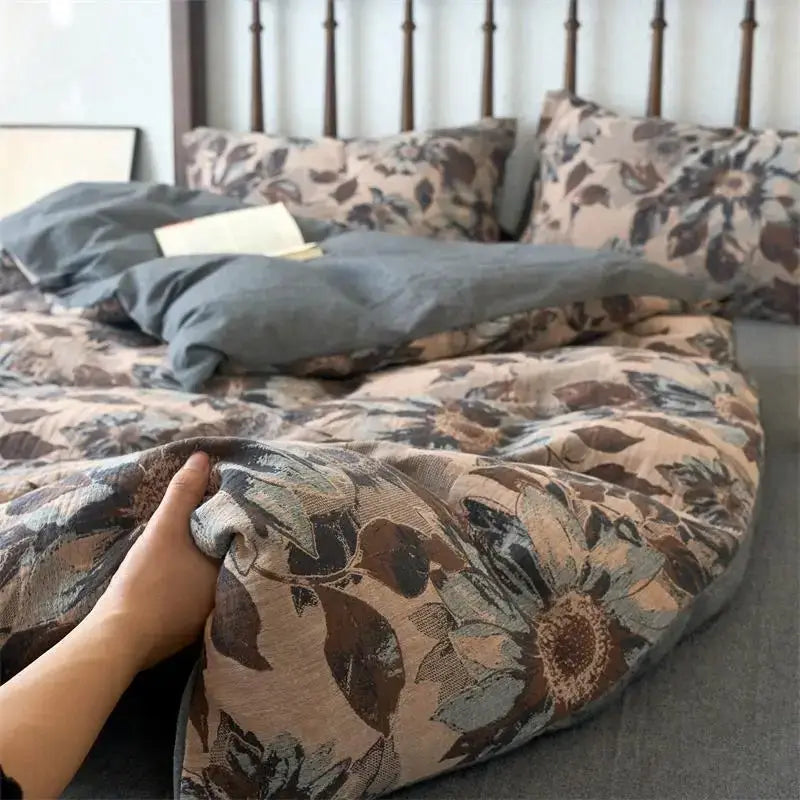 Floral beige & brown jacquard duvet cover set bedroom cotton bedding