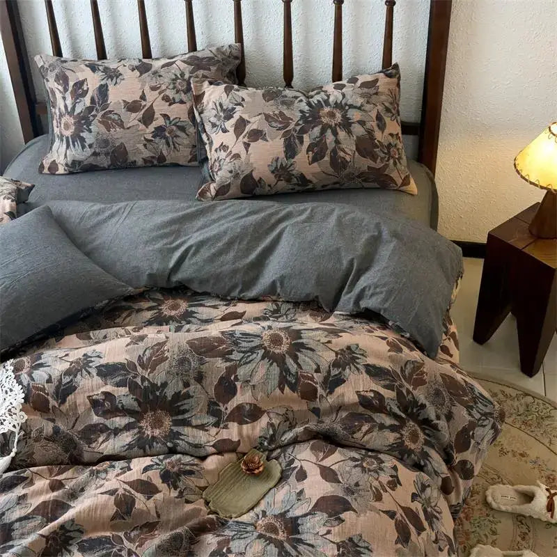 Floral beige & brown jacquard duvet cover set bedroom cotton bedding