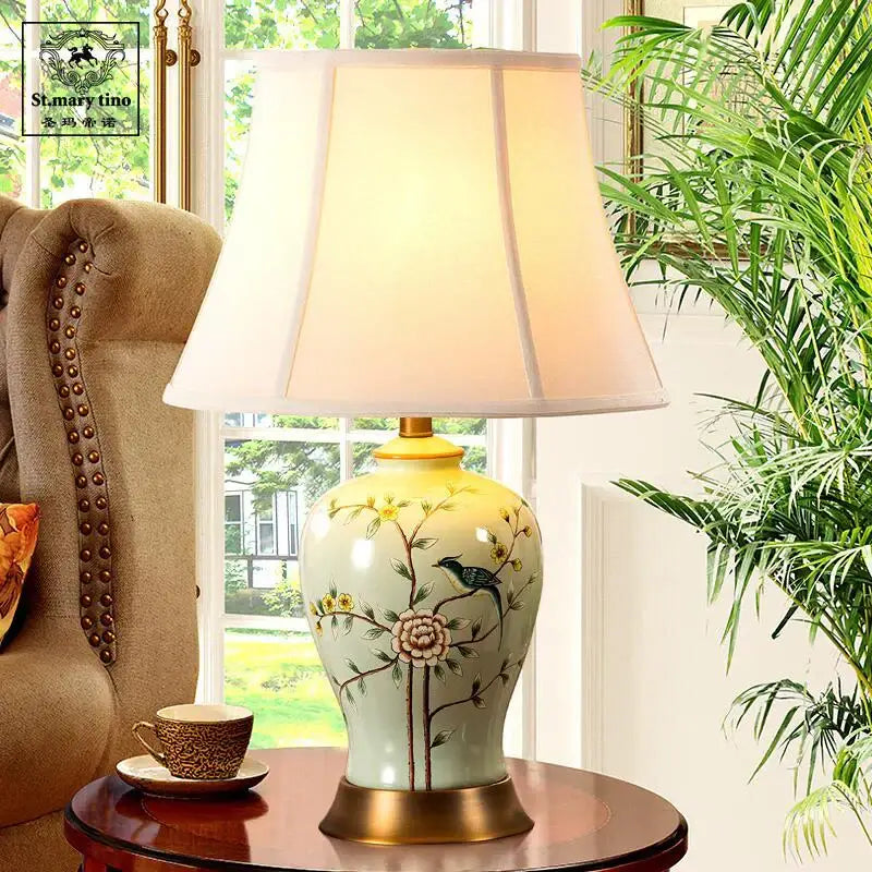 Floral bird ceramic vase table lamp for living room decor