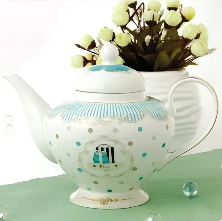 Floral blue & white bone china tea set dining room gold trimmed porcelain