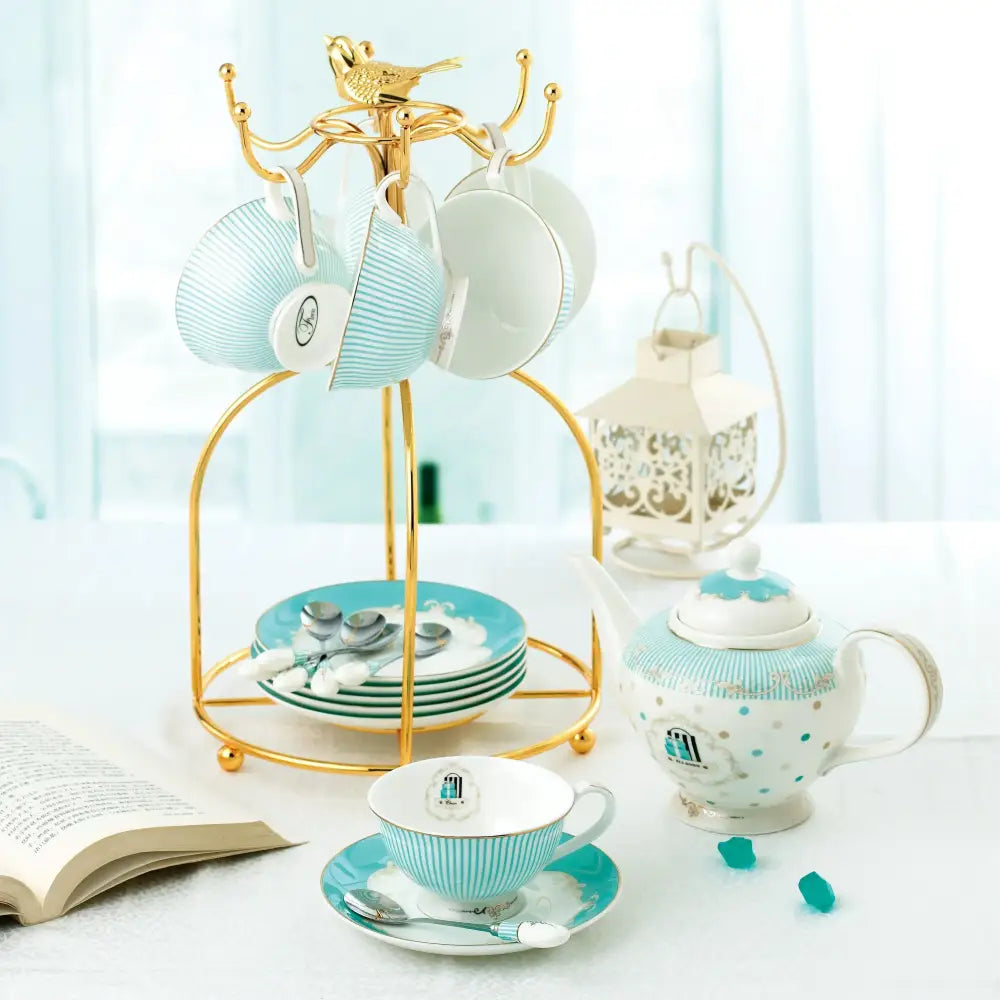 Floral blue & white bone china tea set dining room gold trimmed porcelain