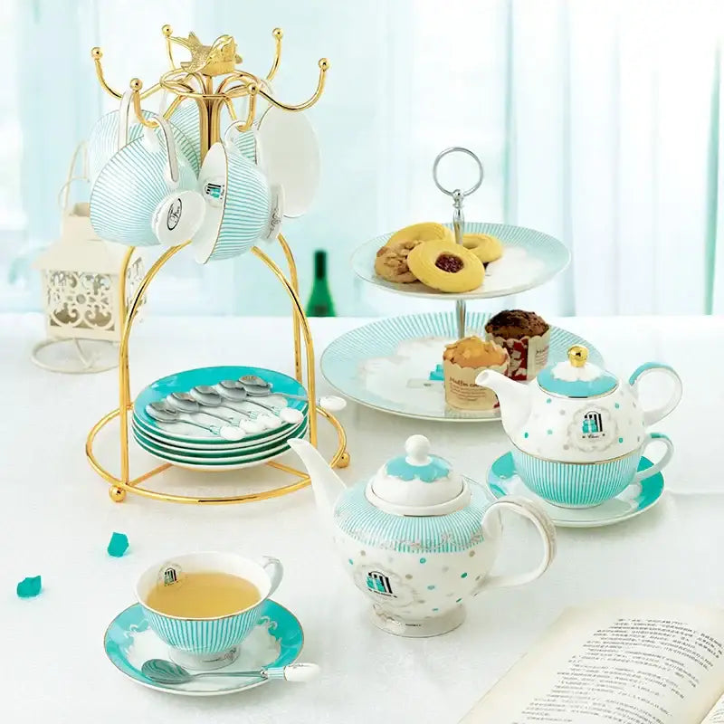 Floral blue & white bone china tea set dining room gold trimmed porcelain