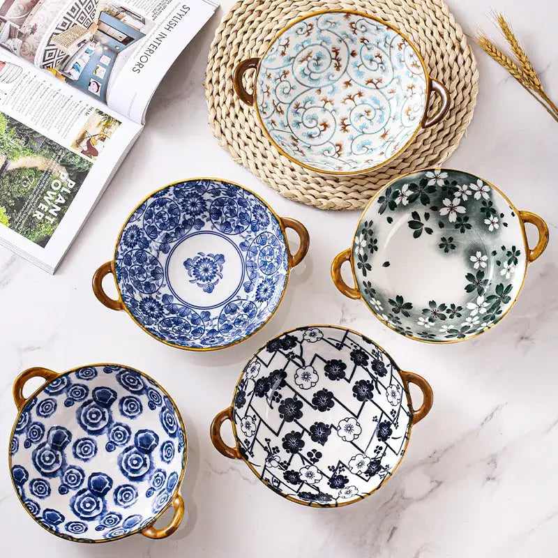 Floral blue & white ceramic double ear ramen soup bowl dining room