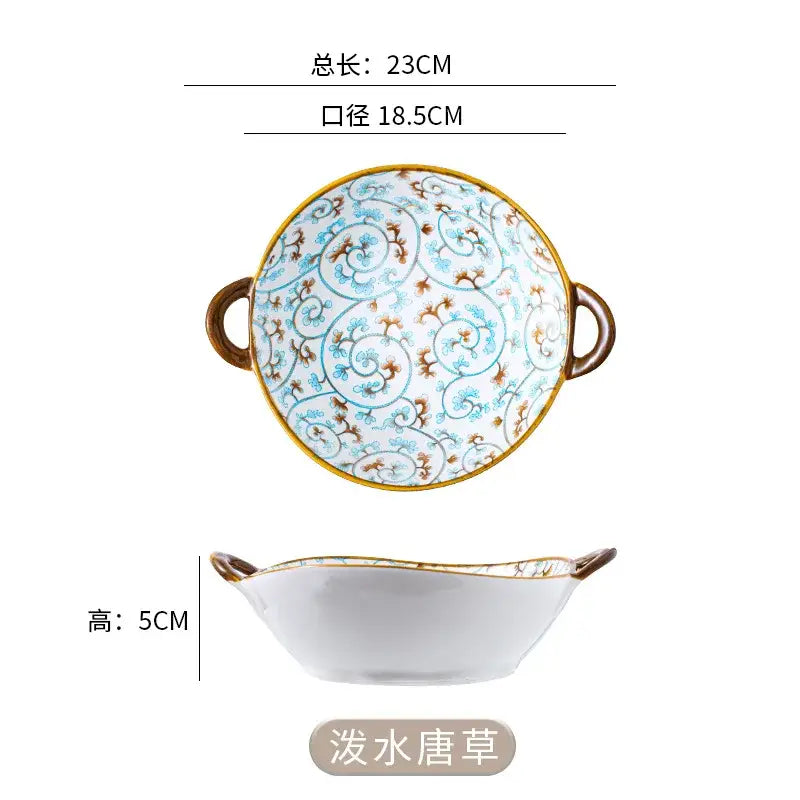 Floral blue & white ceramic double ear ramen soup bowl dining room