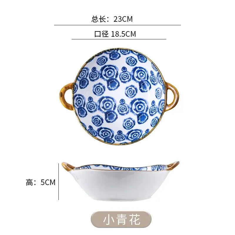 Floral blue & white ceramic double ear ramen soup bowl dining room