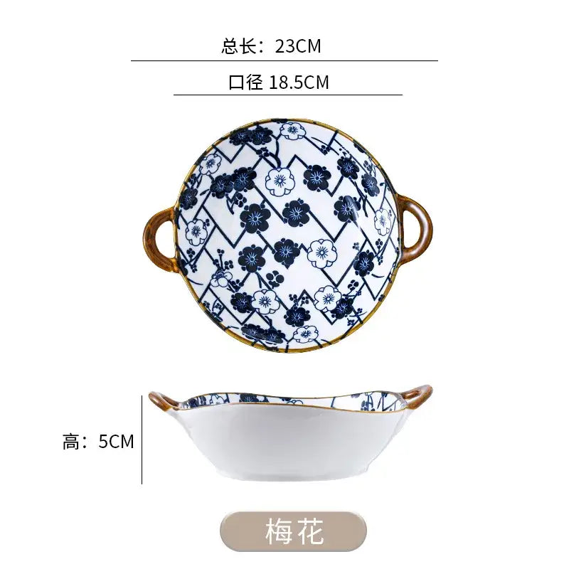 Floral blue & white ceramic double ear ramen soup bowl dining room