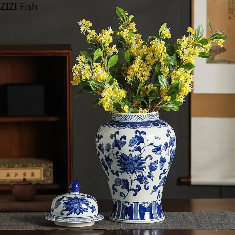 Floral blue & white porcelain tea canister – dining room decor