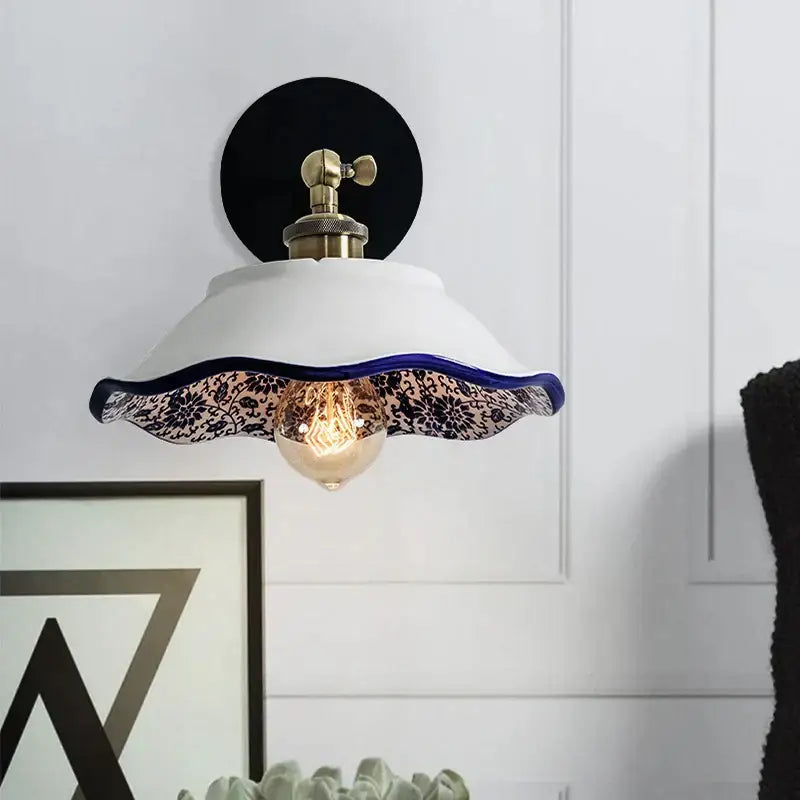 Floral blue & white porcelain wall lamp living room ceramic sconce