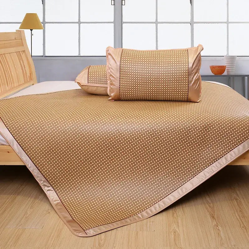 Floral brown woven cooling rattan mat and pillowcase set bedroom bed pad