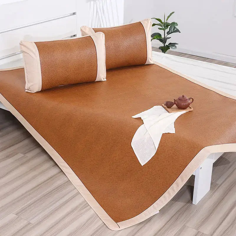 Floral brown woven cooling rattan mat and pillowcase set bedroom bed pad