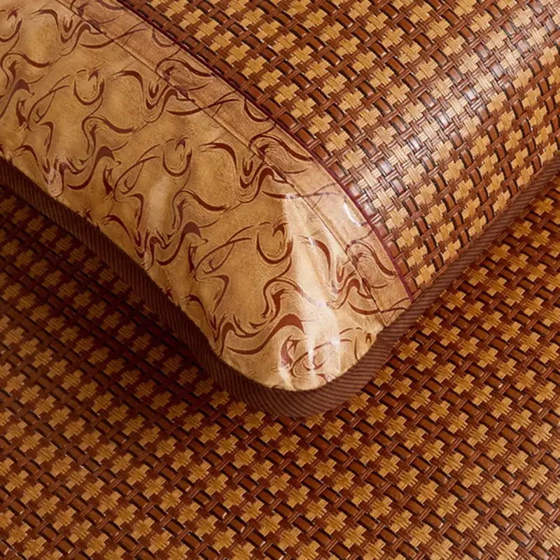 Floral brown woven cooling rattan mat and pillowcase set bedroom bed pad