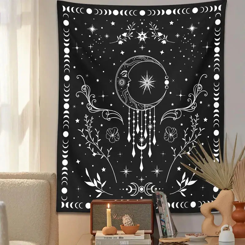 Floral celestial moon phase tapestry bedroom wall decor