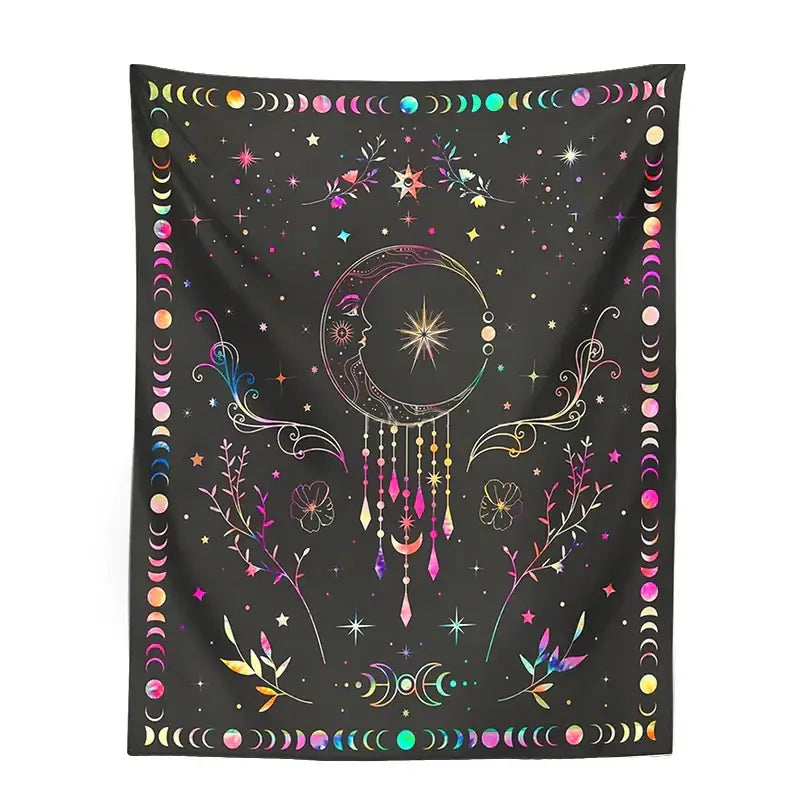 Floral celestial moon phase tapestry bedroom wall decor