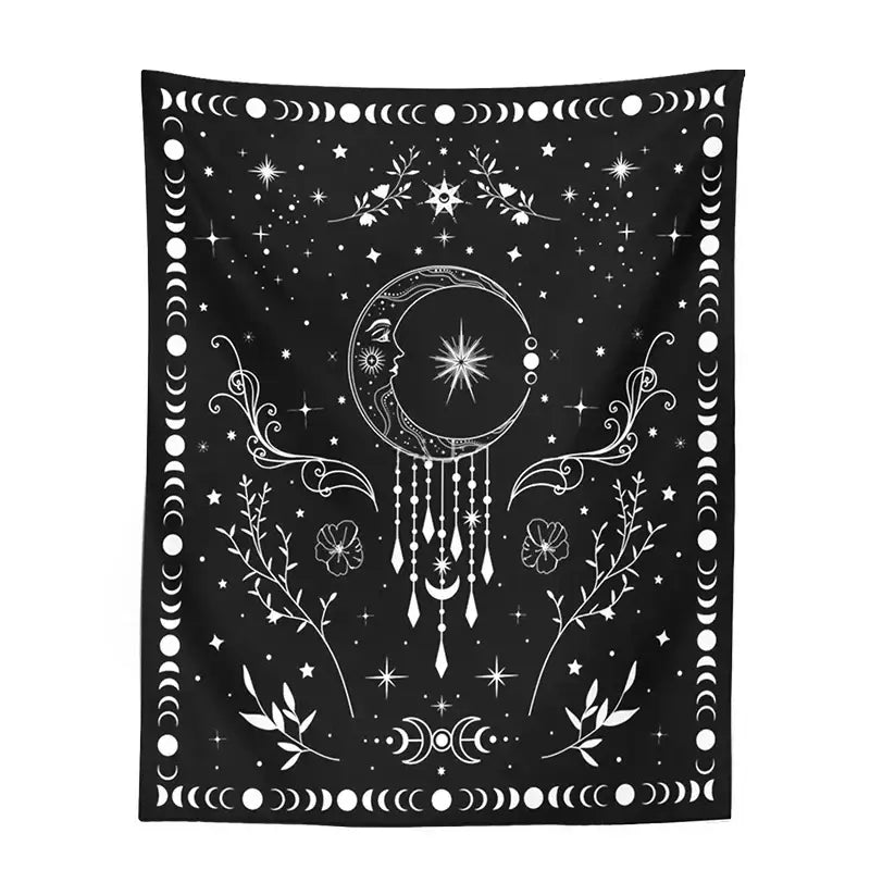 Floral celestial moon phase tapestry bedroom wall decor