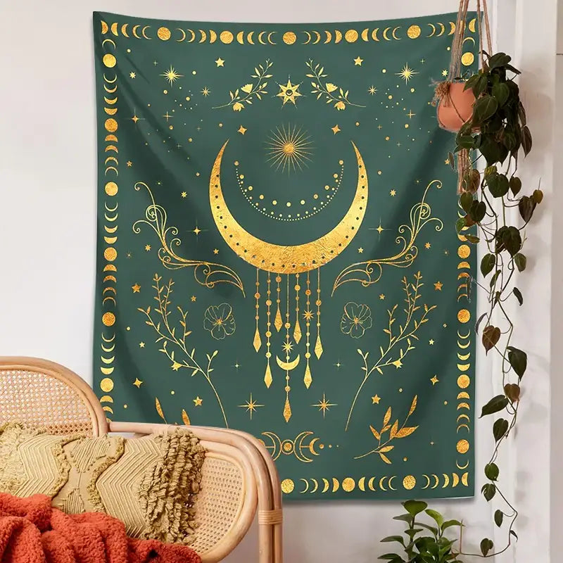 Floral celestial moon phase tapestry bedroom wall decor