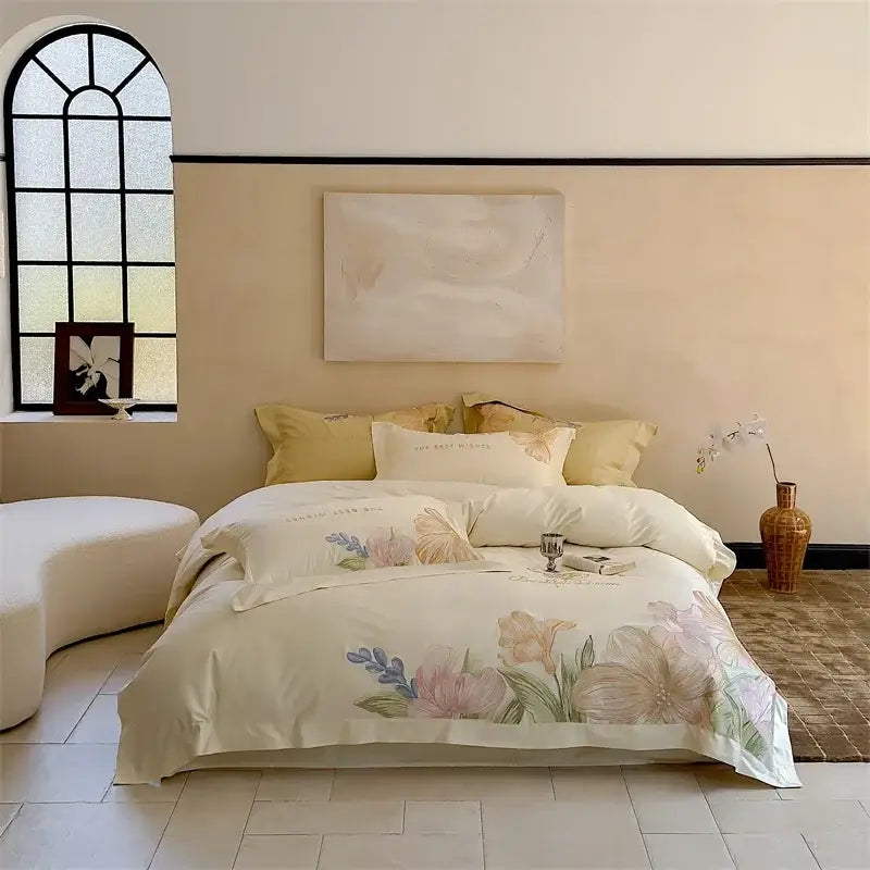 Floral cream satin 100s egyptian cotton bed linens for bedroom
