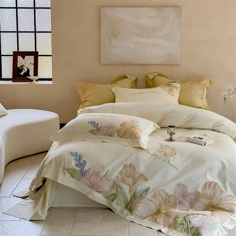 Floral cream satin 100s egyptian cotton bed linens for bedroom