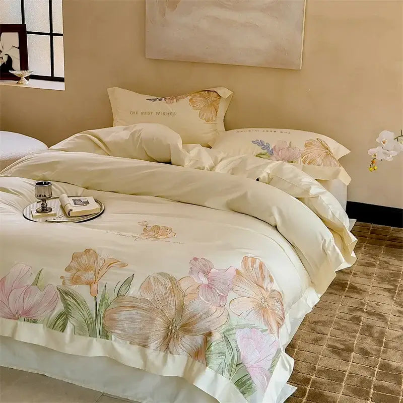 Floral cream satin 100s egyptian cotton bed linens for bedroom