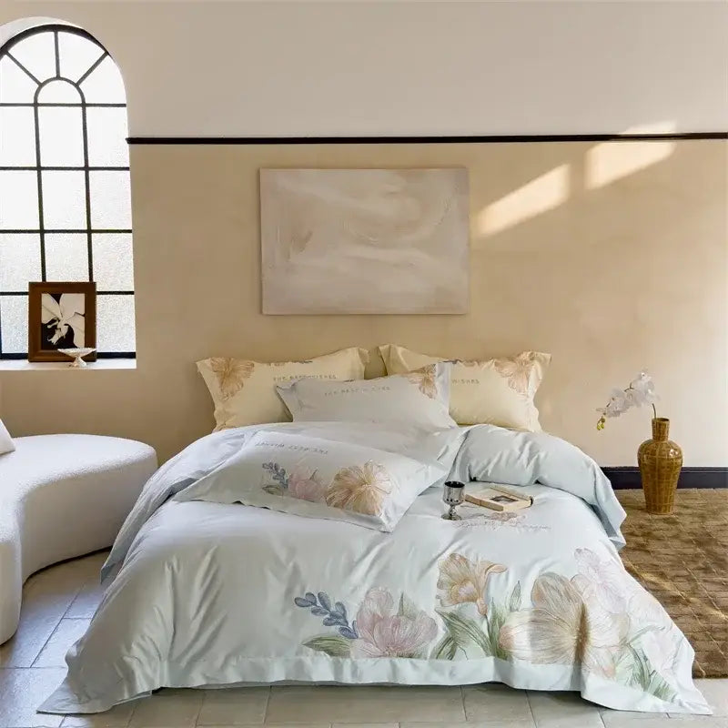 Floral cream satin 100s egyptian cotton bed linens for bedroom