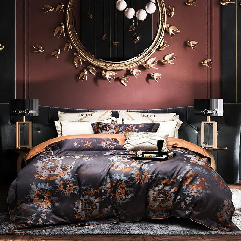 Floral dark gray 1500tc jacquard egyptian cotton bedding set bedroom