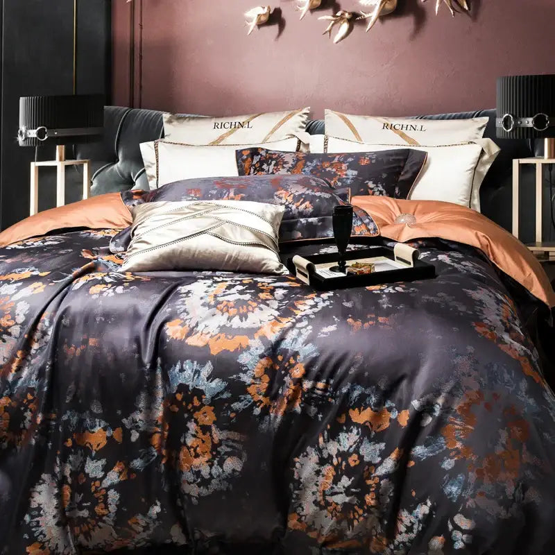 Floral dark gray 1500tc jacquard egyptian cotton bedding set bedroom