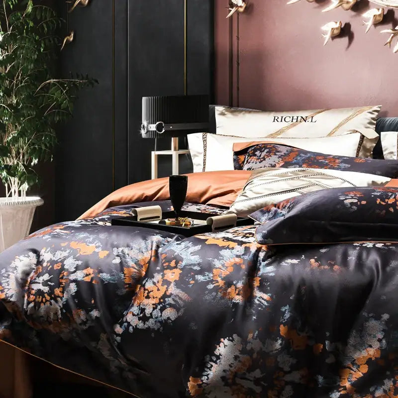 Floral dark gray 1500tc jacquard egyptian cotton bedding set bedroom
