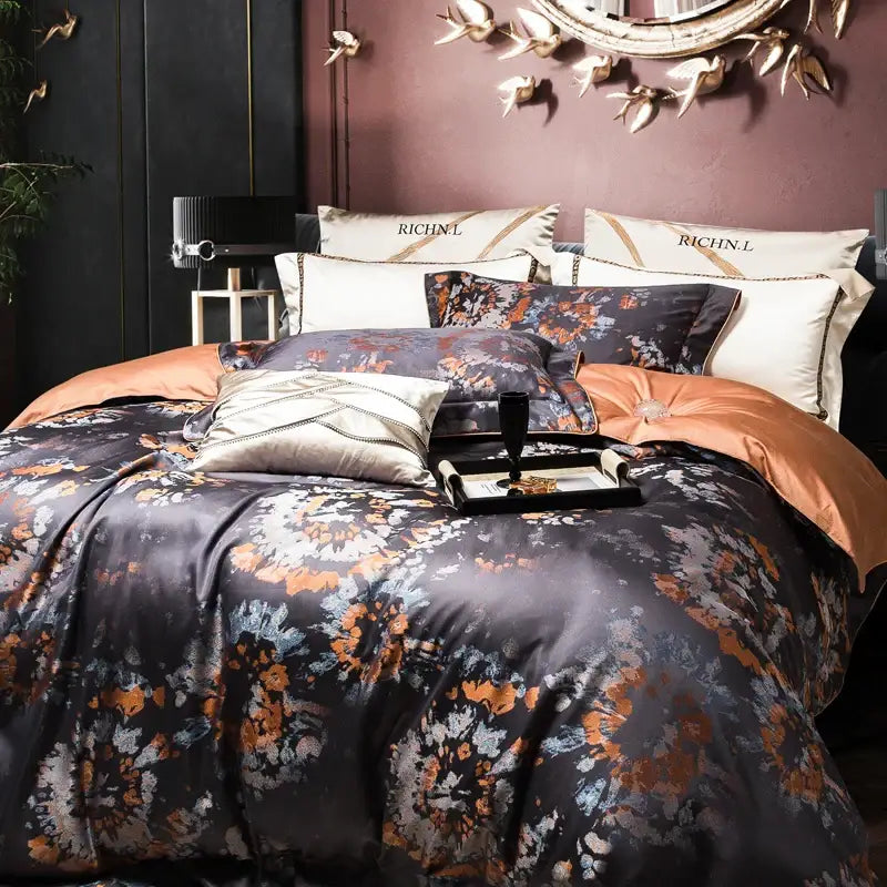 Floral dark gray 1500tc jacquard egyptian cotton bedding set bedroom