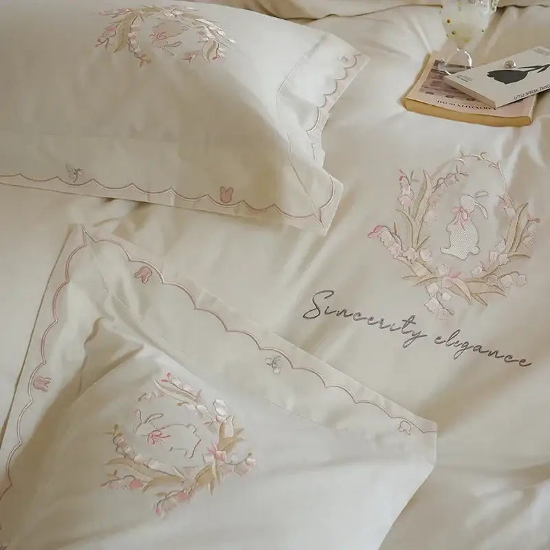 Floral embroidered cream satin duvet cover set bedroom decor