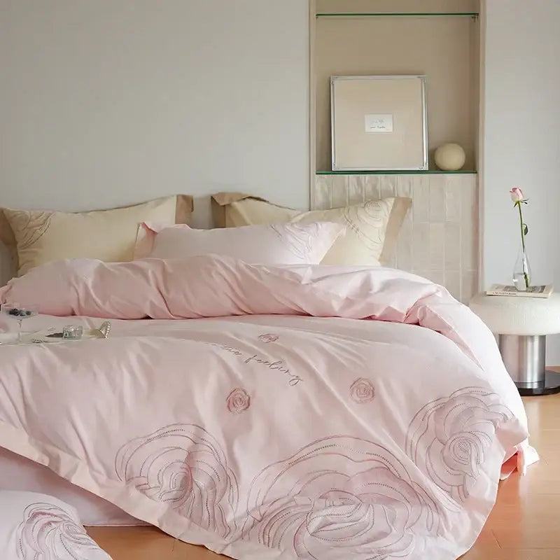 Floral embroidered cream satin duvet cover set bedroom decor