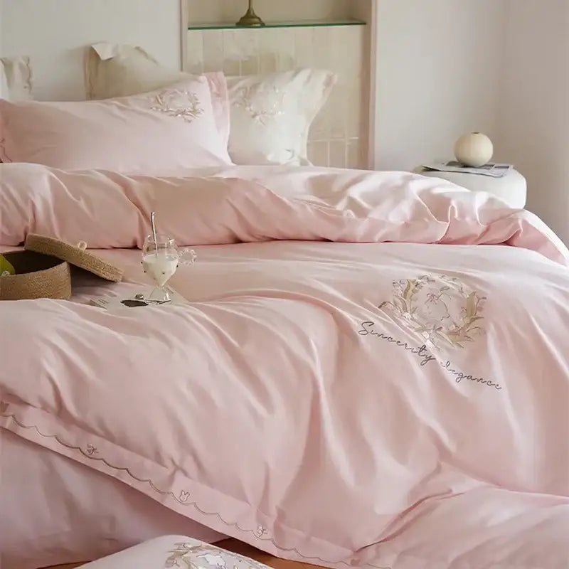 Floral embroidered cream satin duvet cover set bedroom decor