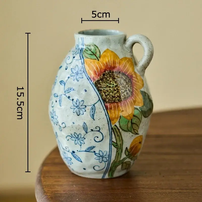 Floral hand painted ceramic vase with artificial flowers living room