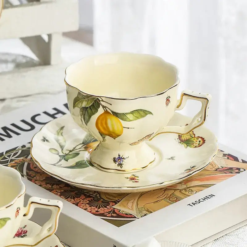 Floral lemon cream porcelain tea set dining room gold trimmed