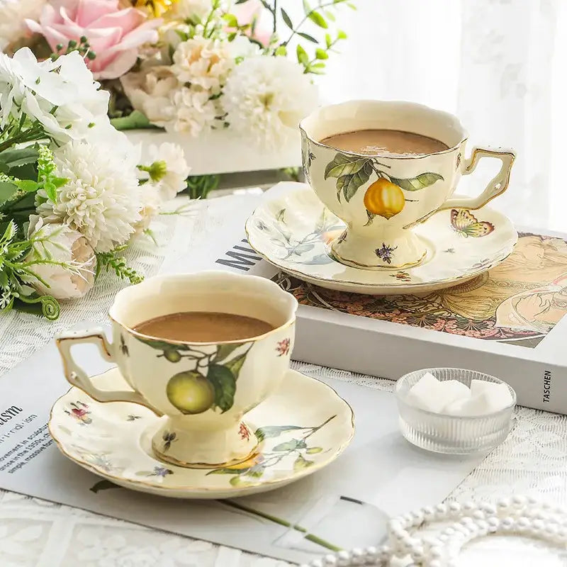 Floral lemon cream porcelain tea set dining room gold trimmed