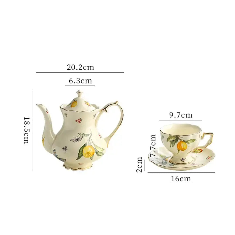 Floral lemon cream porcelain tea set dining room gold trimmed