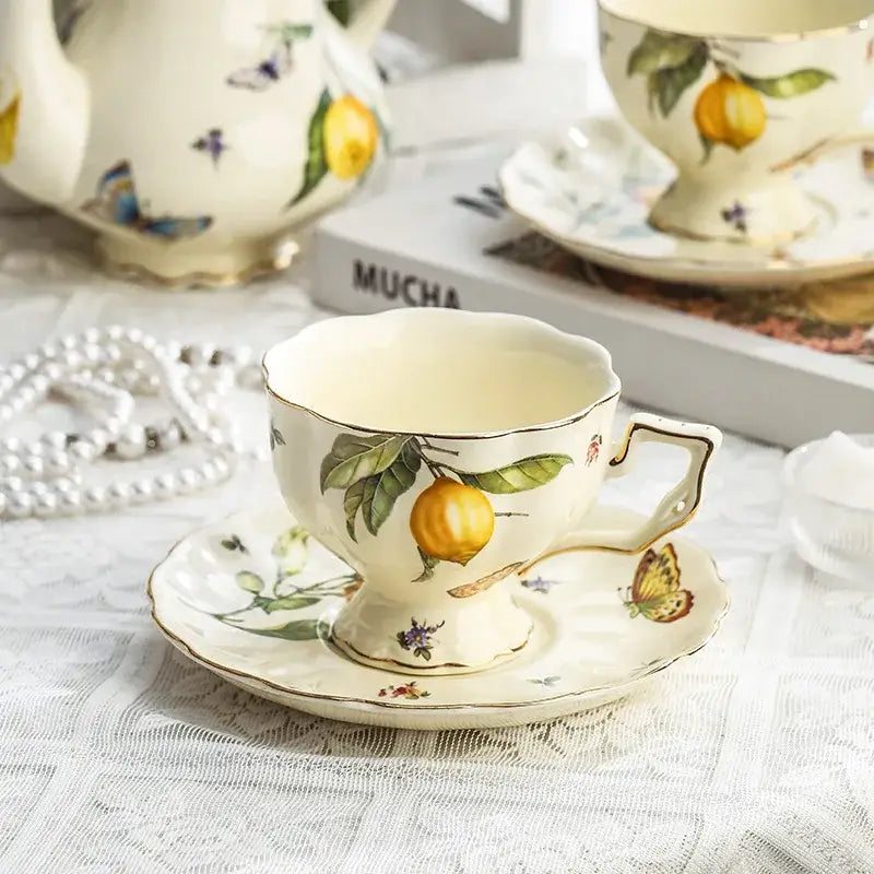 Floral lemon cream porcelain tea set dining room gold trimmed
