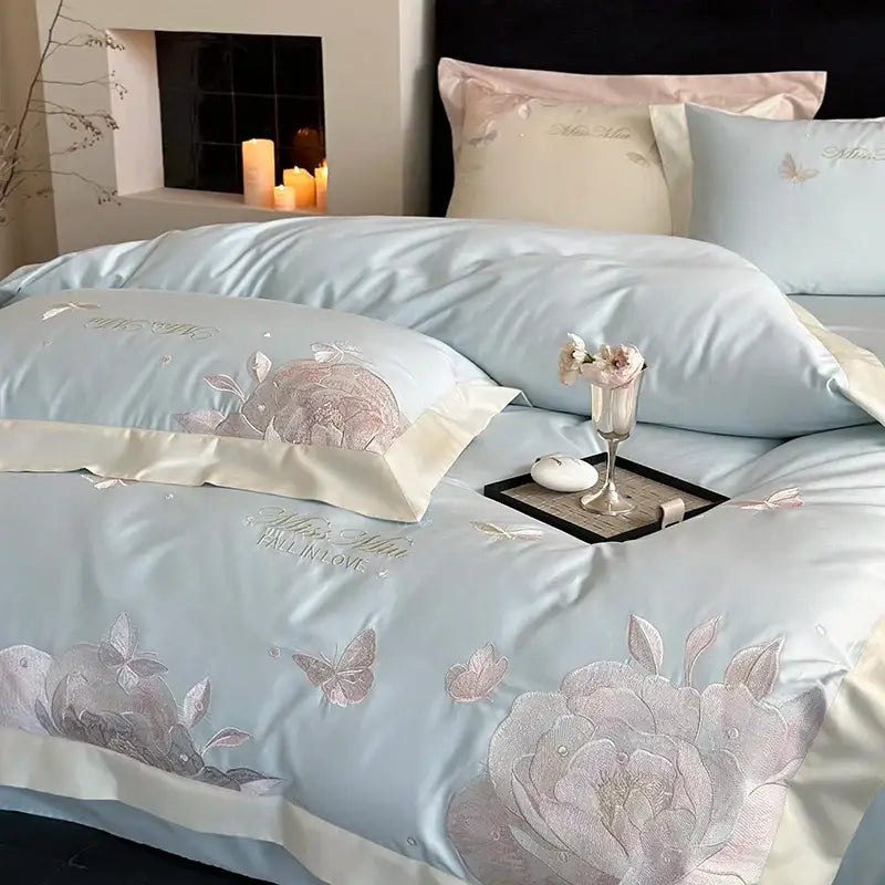 Floral light blue & pink 1000tc egyptian cotton bedding set bedroom