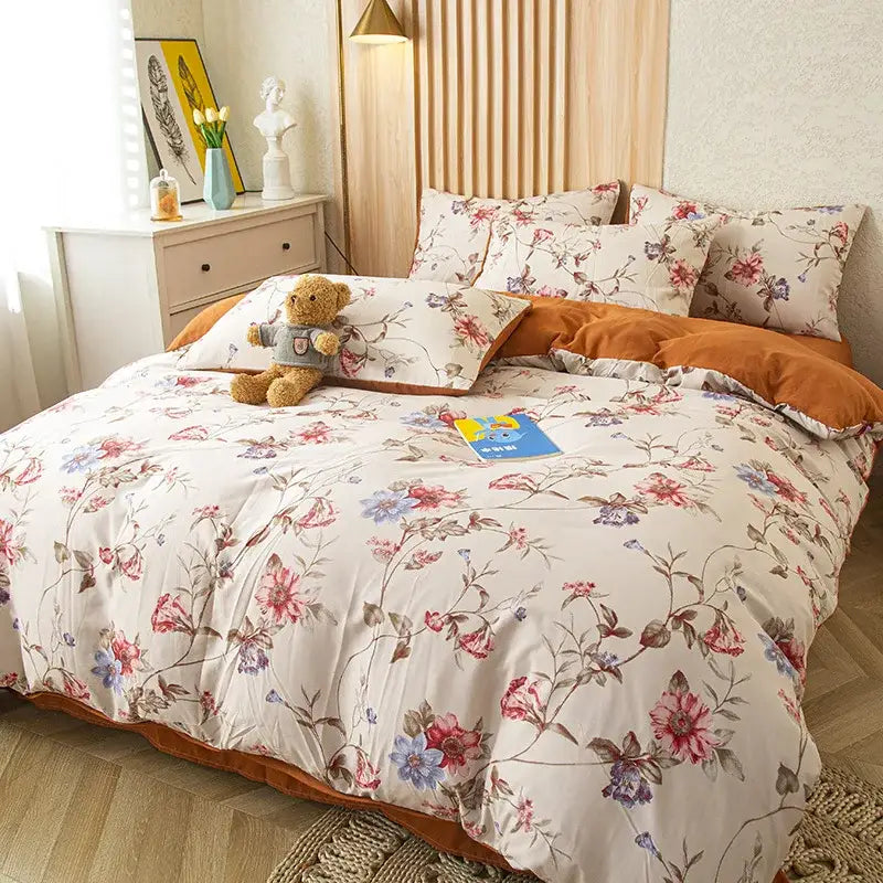 Floral pink & blue flower print bedding set bedroom soft cotton