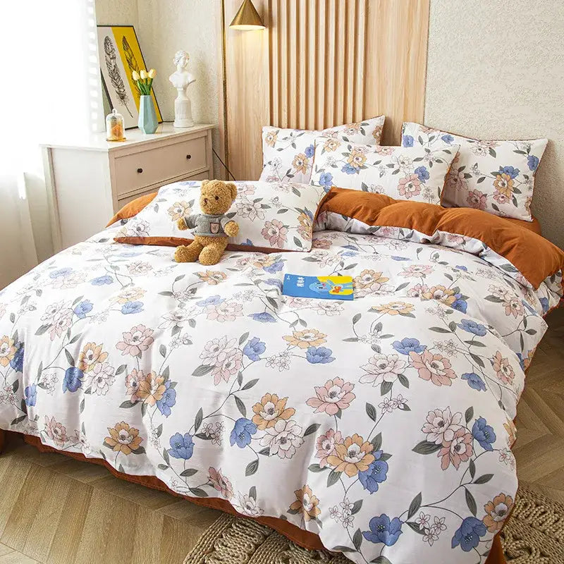 Floral pink & blue flower print bedding set bedroom soft cotton