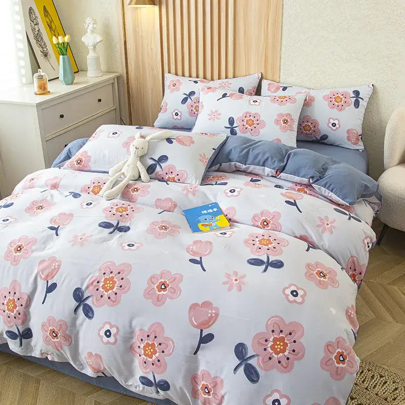 Floral pink & blue flower print bedding set bedroom soft cotton