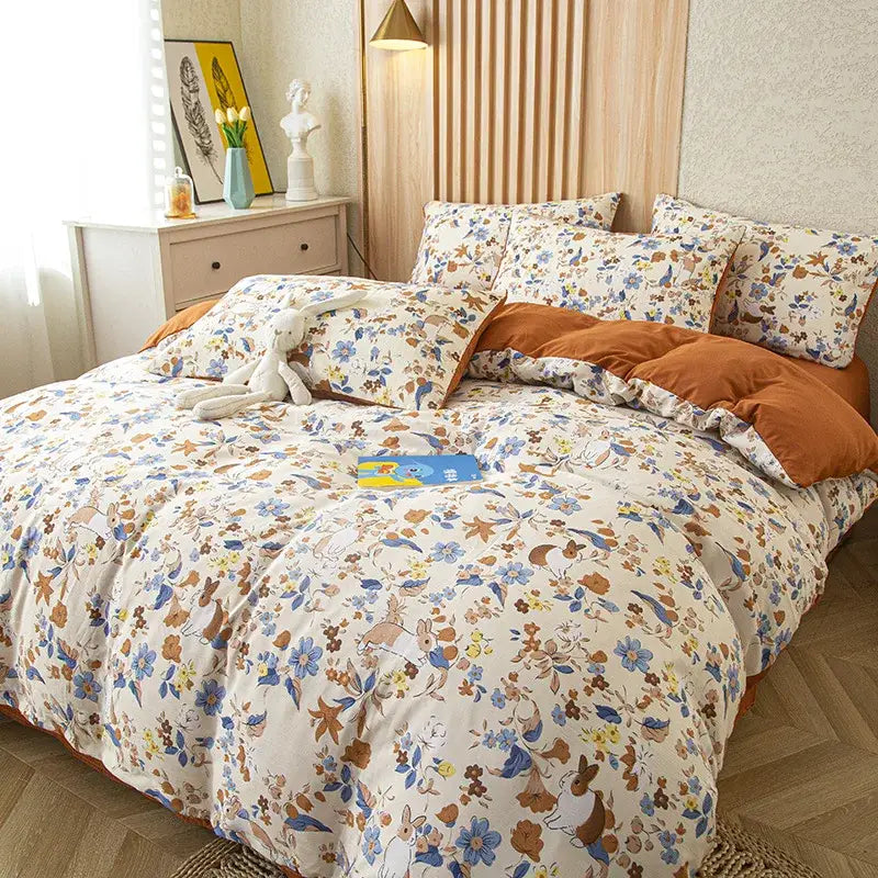 Floral pink & blue flower print bedding set bedroom soft cotton