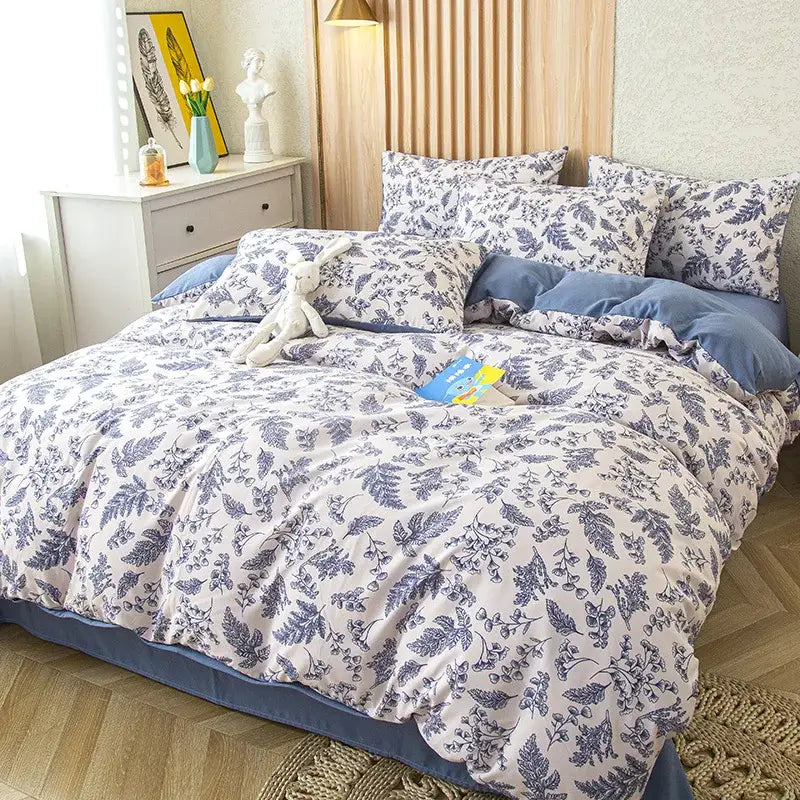 Floral pink & blue flower print bedding set bedroom soft cotton