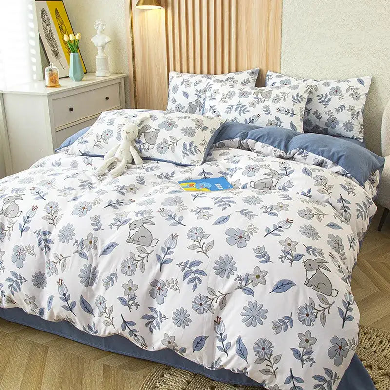 Floral pink & blue flower print bedding set bedroom soft cotton