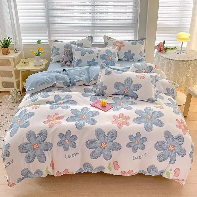 Floral pink & blue rose cotton printed bedding set bedroom comforter
